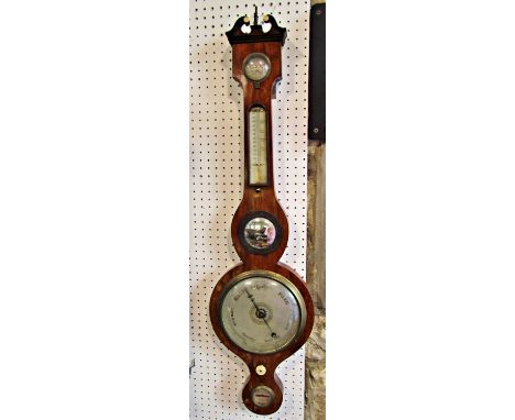 19th century mahogany wheel barometer with silvered dials, together with a late 19th century oil painting of cottages in the 