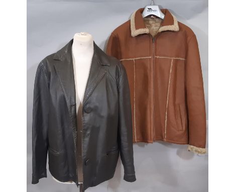 Two vintage leather ladies jackets comprising a tan coloured leather jacket with fleece lining size L and dark brown jacket (