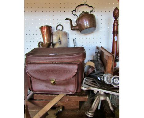 A miscellaneous collection of items including, a mahogany pipe stand, a large brass key 36cm, two pairs of vintage binoculars
