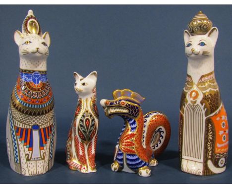 A collection of Royal Crown Derby cat figures with button stoppers to base (one button missing) 