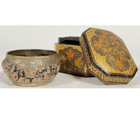 A Kashmiri lacquer tea caddy made by Suffering Moses of Srinagar and decorated with gilt foliate motifs within Mughal style p