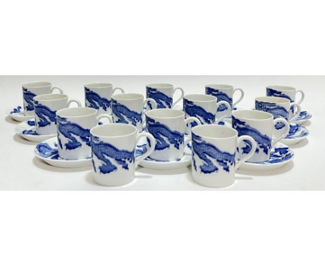 A group of fourteen 'Eusancos' E Hughes and Co Staffordshire blue and white dragon pattern espresso cans, with twelve matchin