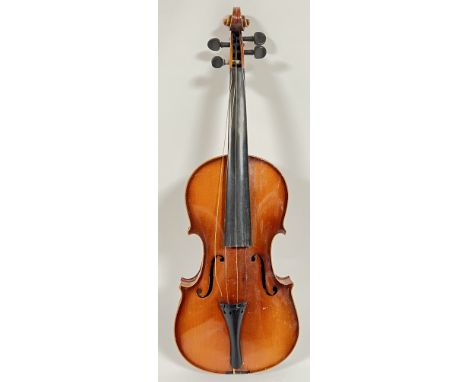 An early twentieth century violin of two-piece back construction with fitted paper-lined case and bow