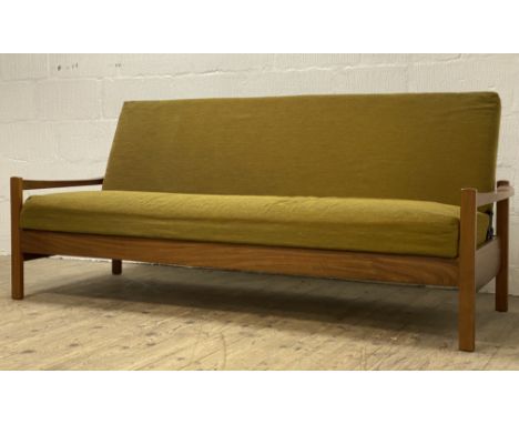 A mid century walnut framed sofa bed by Furpro, circa 1960's / 1970's, the reclining back and seat upholstered in synthetic g