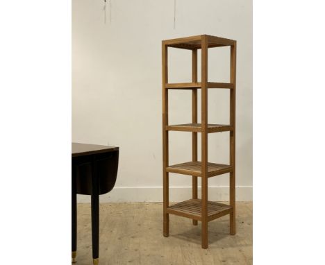 A modern slatted teak five height shelf unit. H140cm, 38cm x 38cm.&nbsp;