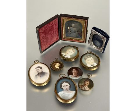 A collection of miniature portraits including a pair of two young boys on paper in circular brass frames D x 3.5cm , five var