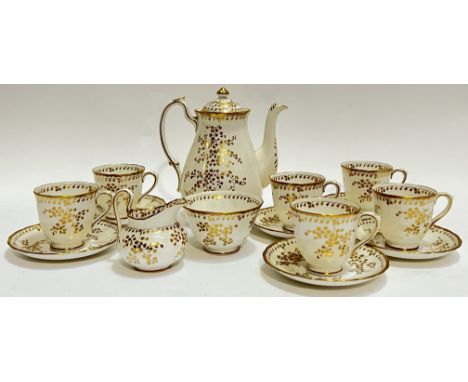 A New Chelsea china part tea or coffee set with gilt foliate decoration, comprising a pot (h- 20cm, w- 18cm), a milk jug, a s