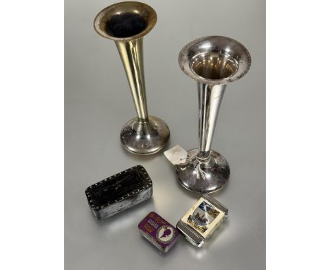 A pair of Epns tapered flower tubes raised on weighted bases H x 18.5cm, a chrome Oban vesta case, a Laurel Ladies boudoir sa