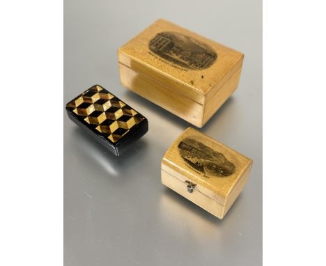 a satinwood Mocklin ware box with with print of Mostyn Street Llandudno H x 3.8cm L x 8.5cm, a miniature domed top ring box w