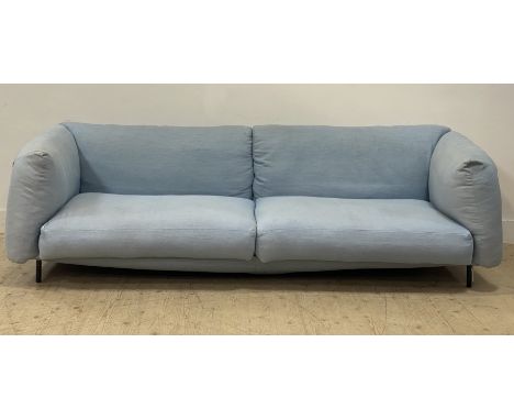 A large contemporary Italian sofa by Seven Salotti, blue linen upholstered on a metal frame. H72cm, L240cm, D100cm.&nbsp;