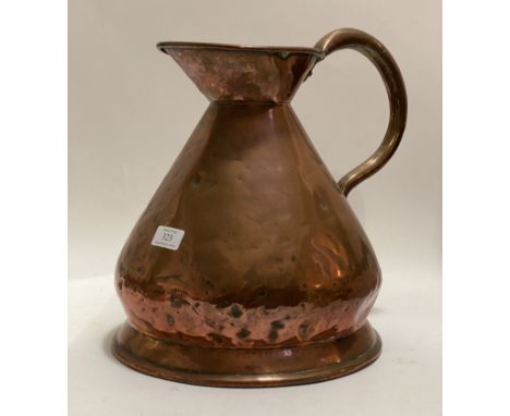 A 19th century copper 2 gallon pitcher with looped and riveted handle. H35cm.&nbsp;