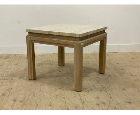 A contemporary limed oak lamp table with travertine top. H60cm, 70cm x 70cm.&nbsp;