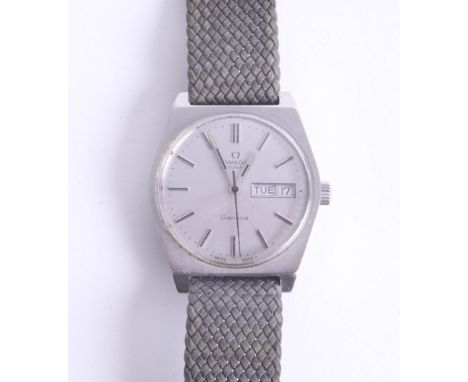 Omega, an automatic Geneva, gents, stainless steel wristwatch with day/date, silver baton dial, nylon strap, circa 1975 with 