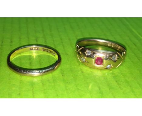 LADIES 15CT YELLOW GOLD RUBY AND DIAMOND CHIP RING AND A 9CT GOLD WEDDING BAND  4.3G APPROX