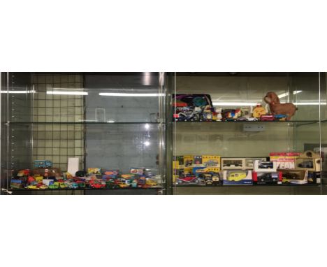 THREE SHELVES OF BOXED AND PLAY WORN DIE CAST MODEL CARS, MATCHBOX, VANGUARD, MODELS OF YESTERYEAR