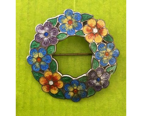 BIRMINGHAM SILVER AND ENAMEL FLORAL WREATH BROOCH, MAKER AHDS