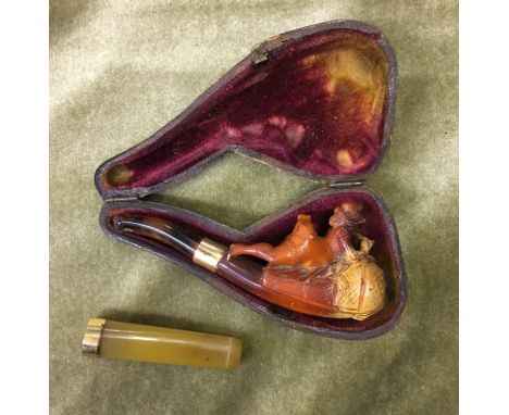 18CT GOLD TIPPED CHEROOT HOLDER AND CARVED MEERSHAM BOWL PIPE A/F