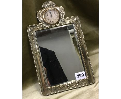 EPNS ART NOUVEAU DESIGN EASEL BACKED MIRROR WITH INSET TIMEPIECE 31CM H APPROX