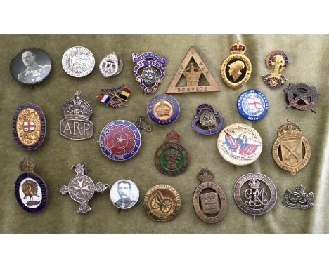 METAL TIN OF ENAMEL AND BASE METAL LAPEL BADGES INCLUDING BOER WAR EXAMPLES