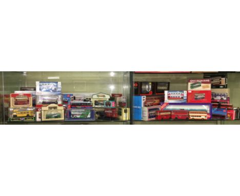TWO SHELVES OF DIECAST MODEL SINGLE AND DOUBLE DECKER BUSES, VARIOUS SCALES