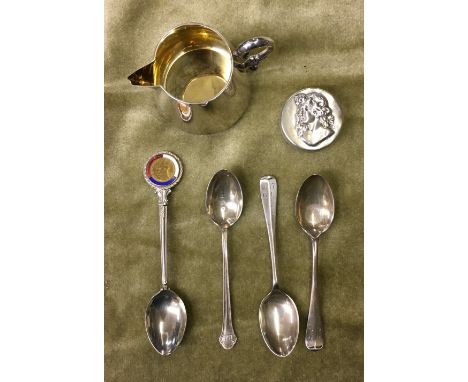THREE SILVER TEA SPOONS,SILVER ROUGE POT WITH CLASSICAL FEMALE PORTRAIT AND VICTORIAN CHESTER SILVER GILT CREAMER