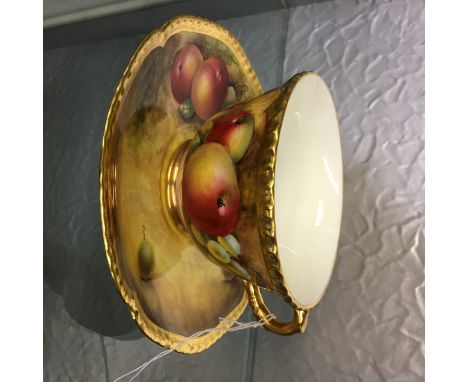 ROYAL WORCESTER PAINTED FRUIT CUP PAINTED BY J. SMITH AND A SAUCER PAINTED BY CHAPMAN