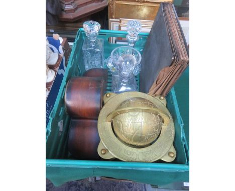 GLASS DECANTERS, MANTLE CLOCK, GRAMAPHONE RECORDS AND BRASS GLOBE, ETC. 