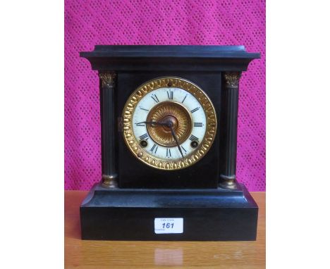 DECORATIVE BLACK SLATE CLOCK WITH ENAMELLED AND GILT DIAL, BY ANSONIA 