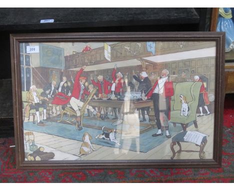 CECIL ALDIN, FRAMED PRINT- THE FALLOWFIELD HUNT- BREAKFAST AT THE THREE PIGEONS, APPROXIMATELY 37cm x 59cm 