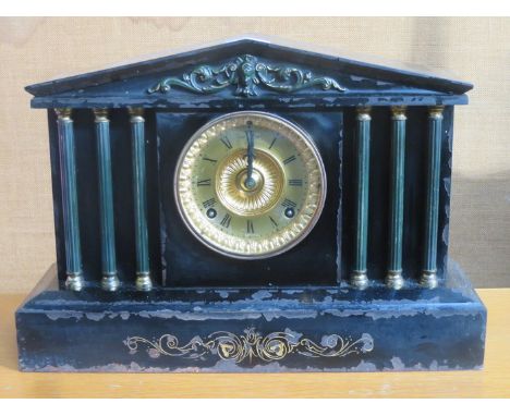 VICTORIAN GILDED BLACK SLATE CLOCK WITH CIRCULAR GILDED DIAL