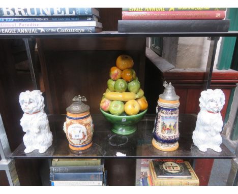 TWO GERMAN STEINS, PAIR OF ROYAL WORCESTER UNGLAZED TERRIER DOGS PLUS CERAMIC TABLE CENTRE PIECE ON STAND