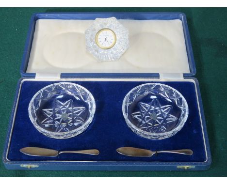 CASED WATERFORD PAIR OF BUTTER DISHES WITH SILVER KNIVES PLUS WATERFORD CRYSTAL CLOCK