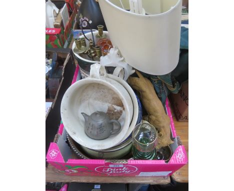 QUANTITY OF CERAMICS AND BRASS, WOODEN BOWL, CLOCK AND CANDLESTICKS, ETC. 
