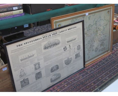 FRAMED MARITIME DISCOVERIES MAP PLUS STEAMSHIP RELATED PRINT