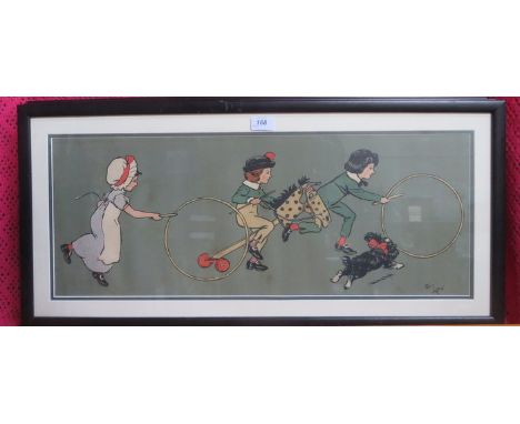 CECIL ALDIN, FRAMED COLOUR PRINT- SKIPPING, FROM CHILDREN AT PLAY SERIES, APPROXIMATELY 27cm x 69cm 