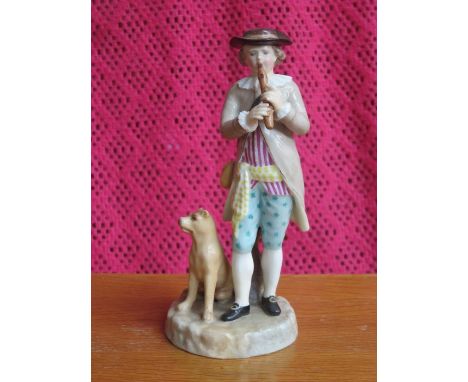 ROYAL COPENHAGEN HANDPAINTED AND GILDED CERAMIC FIGURE GROUP DEPICTING A GENT PLAYING THE FLUTE WITH DOG, STAMPED TO BASE 'HY