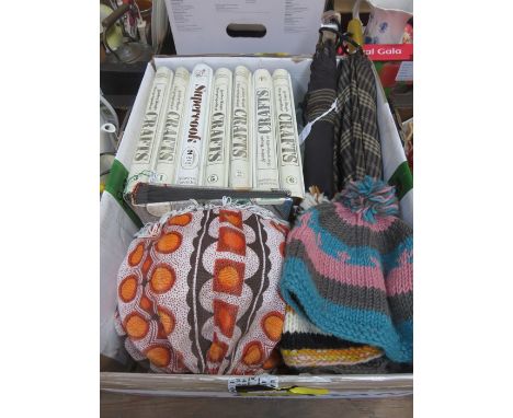 SUNDRY LOT INCLUDING PARASOLS, LIGHT FITTING AND CRAFT ENCYCLOPAEDIAS, ETC. 