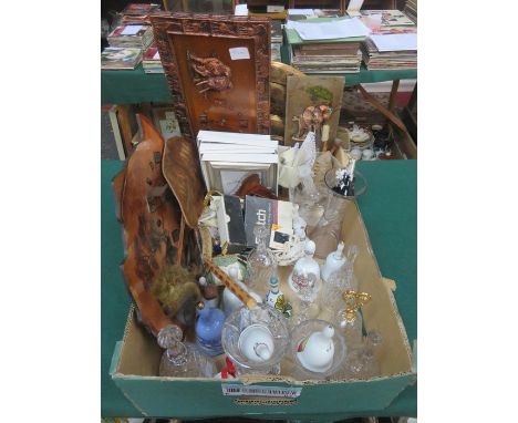 PARCEL OF GLASSWARE, CERAMIC BELLS, INDIAN STYLE BRASS TRAYS AND OTHER SUNDRIES 