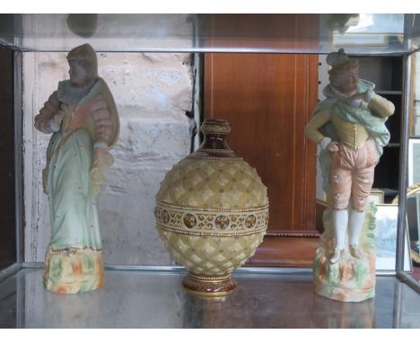 PAIR OF CERAMIC CONTINENTAL FIGURES AND METTLACH VASE FOR RESTORATION 