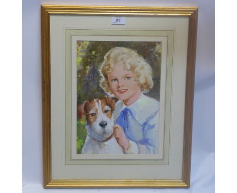 Reginald Mills, a watercolour portrait of a blonde girl with dog, in a gilt frame "Copyright sketch James Howorth w/c by Regi