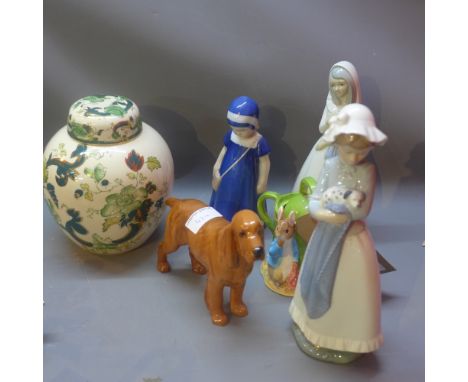 A collection of ceramics to include a Copenhagen figure, a Nao figure, a Beswick dog and a border fine art Peter Rabbit. 