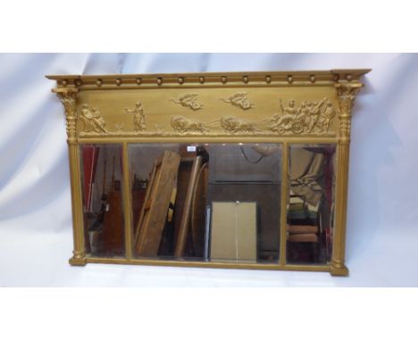 A Regency three section giltwood over mantle mirror with bevelled plates and corinthium columns 