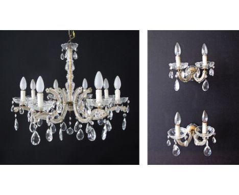 A vintage eight light crystal chandelier W66cm, together with a pair of two light wall sconces. (3)