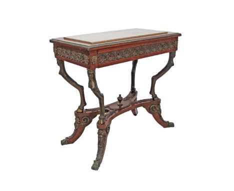 A French Empire style console table, marble top with one frieze drawer, brass applied frieze, supported on cast brass caryati