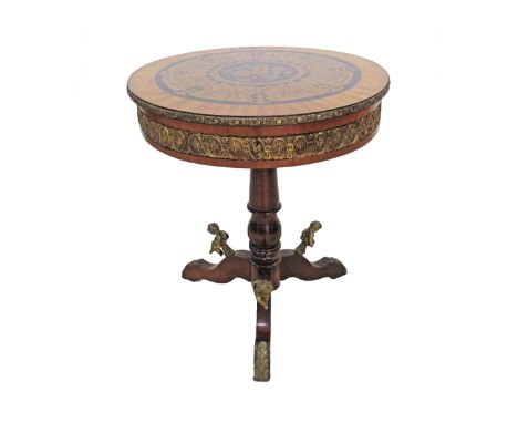 A French Louis XVI style penwork and marquetry brass mounted tripod round pedestal table, the frieze applied with cast brass,