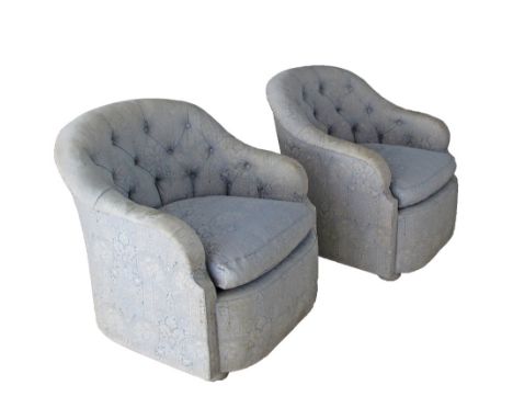 A pair of Greek Saridi sofa armchairs, corbeille shaped, buttoned backs, loose seat cushions, silk blue upholstery. W74cm, D7