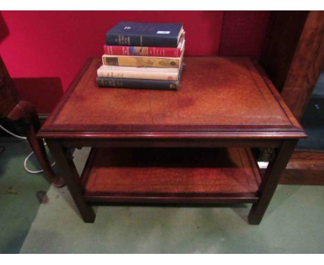 A Bevan and Funnel Georgian style mahogany two tier lamp table with gilt tooled leather shelves, 46cm x 69cm x 50cm