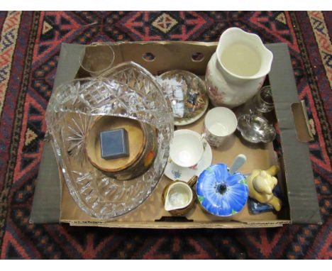A selection of china and glass ware to include glass basket, a patch box lid of boy with dog, drinking glasses etc