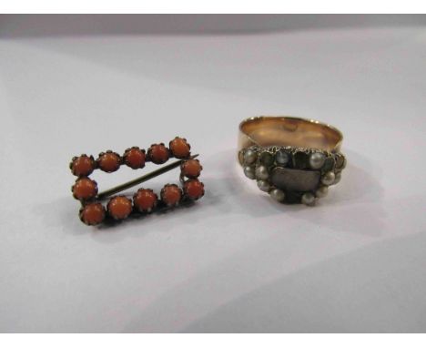 A Georgian ring set with seed pearls (a/f). Size Q, 4.7g and a coral brooch (2)