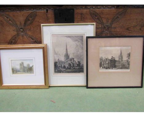 Two etchings depicting Norwich Cathedral including R. Farren and Hawksworth and a print depicting York Minster, all framed an